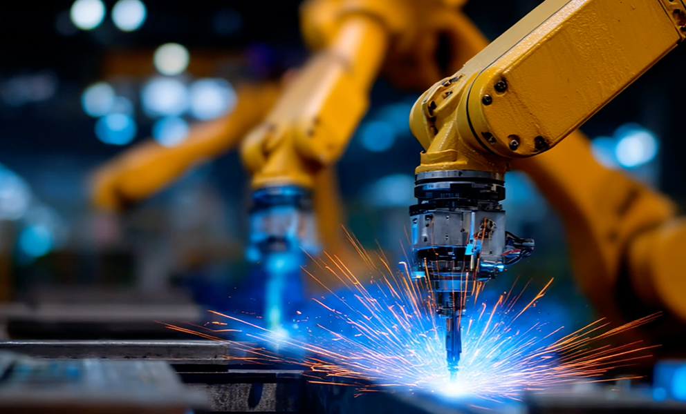 Two Robotic Arms welding and creating sparks