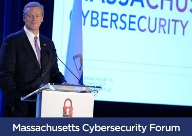 Gov. Baker at the podium during the 2021 Massachusetts Cybersecurity Forum
