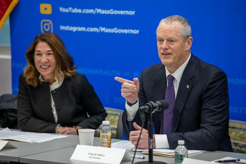 Gov. Baker and Lt. Gov at a head table