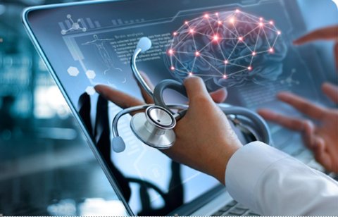 Abstract image of hand holding tablet